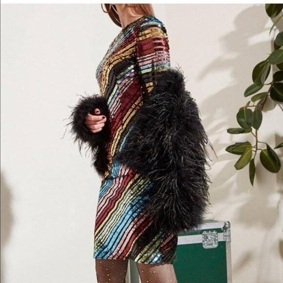 ALCOOLIQUE Peyton Tubolar Black Rainbow Stripe Sequin Mesh Mini Backless Dress 4 - Picture 7 of 8